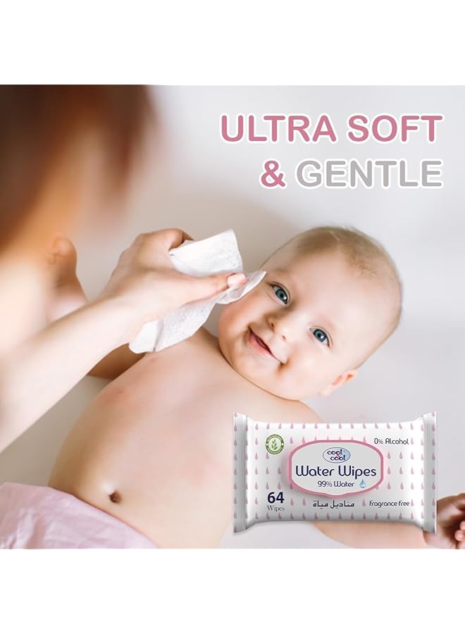 Cool & Cool Baby Water Content Wipes 64'S (Pack Of 3) 99% Water Ultra Sensitive Fragrance Free 192 Wipes - Image 2