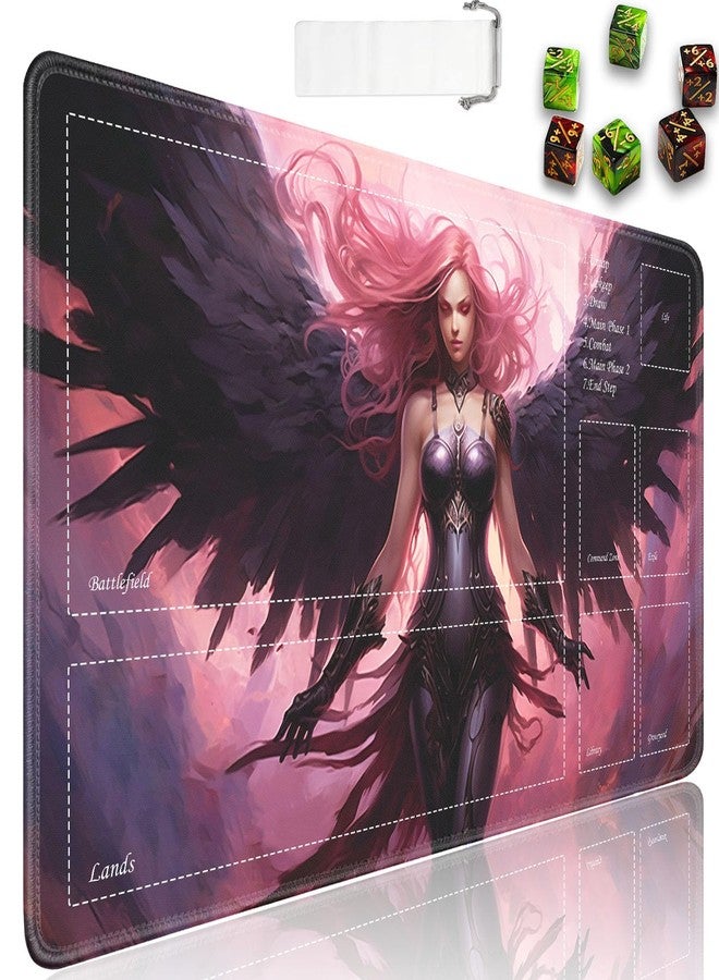 بساط لعب JVGFYNKL لألعاب الورق MTG مع مناطق، مقاس 24×14 بوصة، مصنوع من المطاط غير القابل للانزلاق، مع حقيبة سفر برباط و6 نرد، ملائكة الانتقام - Image 1