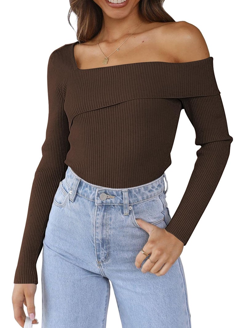 LILLUSORY Womens Off The Shoulder Sweaters Going Out Fall Sexy Knit Pullover Lightweight Asymmetrical Tops Clothes 2026 Coffee S - Image 1