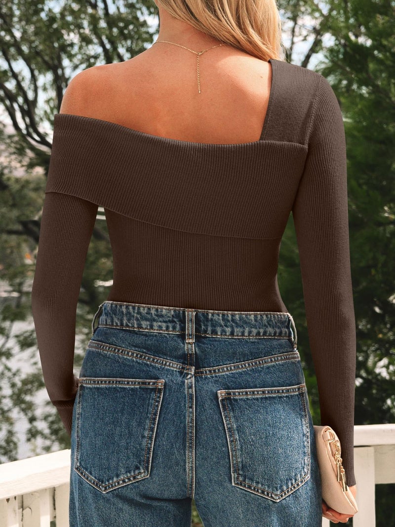 LILLUSORY Womens Off The Shoulder Sweaters Going Out Fall Sexy Knit Pullover Lightweight Asymmetrical Tops Clothes 2026 Coffee S - Image 4
