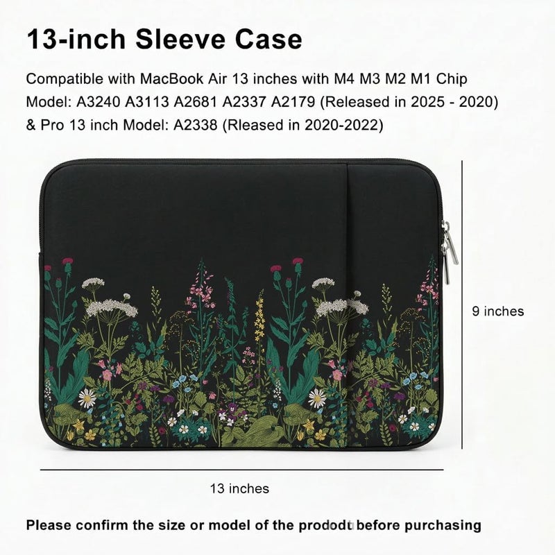 MasiBloom غلاف كمبيوتر محمول لـ MacBook Neo/Air/Pro مقاس 13 بوصة لرقائق A18/M5/M4/M3/M2/M1 2026-2020 A3404 A3449 A3240 A3113 A2681 مع جيبين، ملحقات حقيبة جهاز لوحي (أسود وأخضر) - Image 2