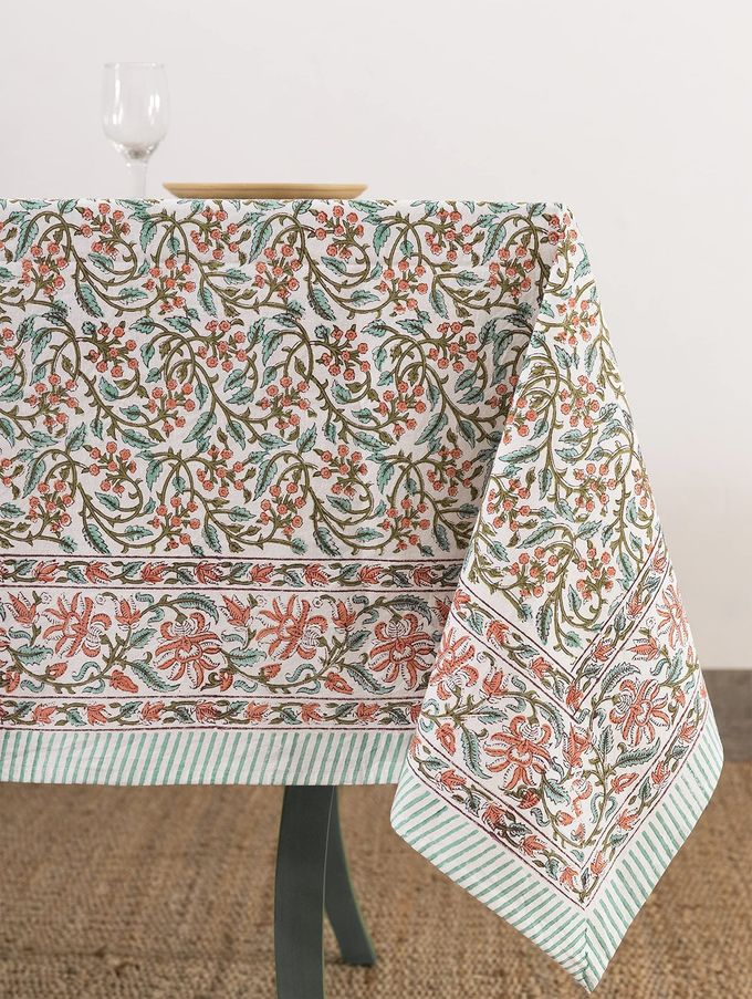 Labhanshi Indian Handblock Print Floral 100% Cotton Canvas Rectangle Table Cloth|72x108 Inch 8-Seater Rustic Farmhouse Decorative Table Cover|Mother's Day Festive Holiday Decor|Berry Pink