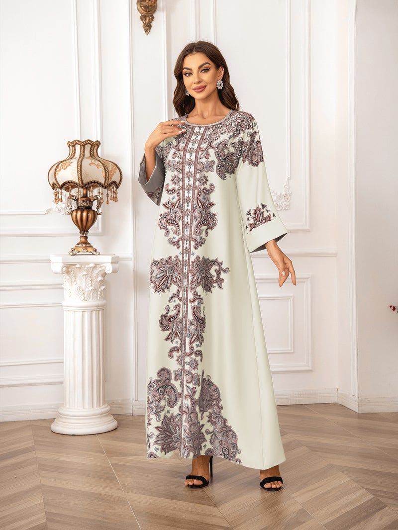 Kaftan High-Density Rhinestone Beaded Printed Women's Robe Elegant Dress