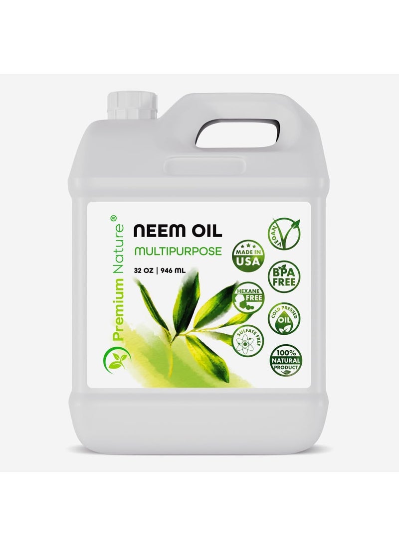 Premium Nature - Organic Neem Oil for Skin Neem Oil for Hair Need Oil 100 Pure Cold Pressed Neem Oil for Essential Oil Mixing Neem Oil for Plants Neem Cake Massage Oil Neem Oil Spray for Indoor Plants 32oz - Image 1