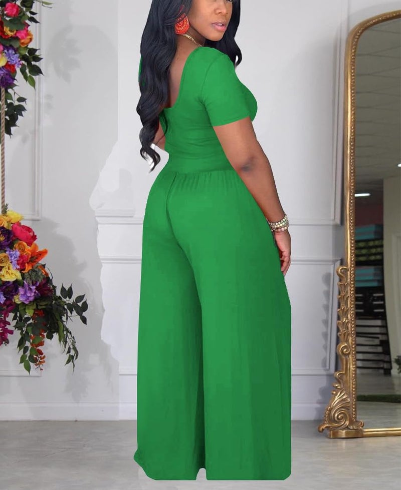 HBQ Two Piece Outfits For Women Casual Sweat Suits Backless Short Sleeve Crop Tops Wide Leg Pants Lounge Sets Tracksuit-Green-S - Image 3
