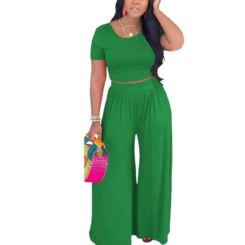 HBQ Two Piece Outfits For Women Casual Sweat Suits Backless Short Sleeve Crop Tops Wide Leg Pants Lounge Sets Tracksuit-Green-S - Image 1