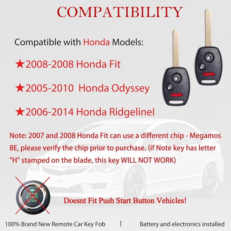 MechanMagic Key Fob Replacement Fits for Honda Ridgeline 2006-2014 / FIT 2008 / Odyssey 2005-2010 (FCC ID:OUCG8D-380H-A) Keyless Entry Remote Control Head Ignition Key PN:35111-SHJ-305 314MHZ 3 Button - Image 2