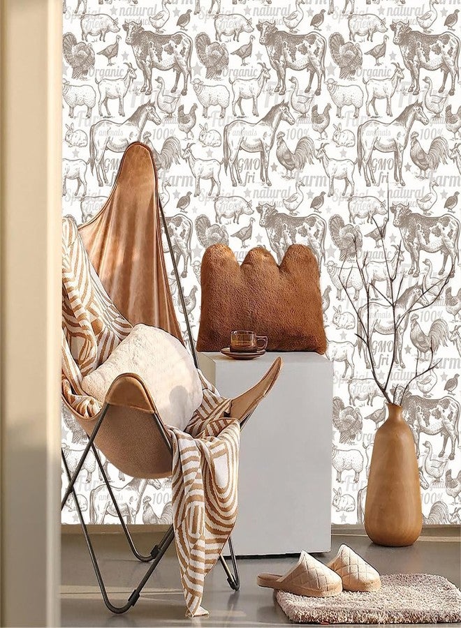 MuralPeel ورق جدران MuralPeel بنمط بوهيمي ريفي، مزين برسومات حيوانات المزرعة (بقرة، ديك، حصان، رومي)، سهل اللصق والإزالة، مناسب لغرف النوم والخزائن والمستأجرين. - Image 2