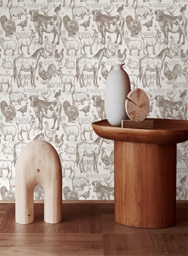 MuralPeel ورق جدران MuralPeel بنمط بوهيمي ريفي، مزين برسومات حيوانات المزرعة (بقرة، ديك، حصان، رومي)، سهل اللصق والإزالة، مناسب لغرف النوم والخزائن والمستأجرين. - Image 3