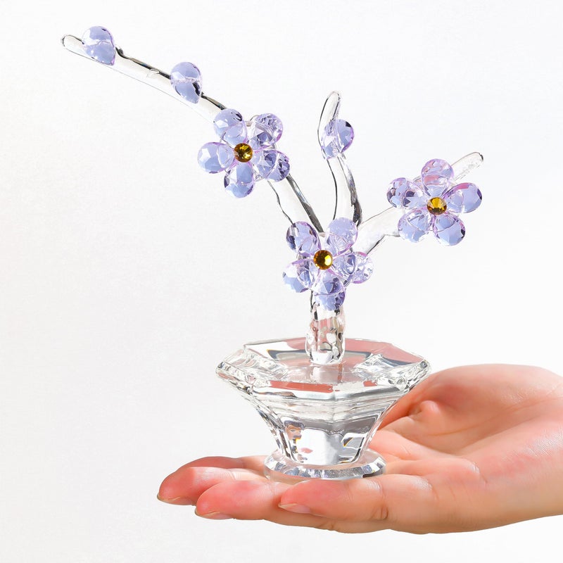 Purple Cherry Blossom Crystal Flowers with Stems Glass Flowers with Vases Japanese Cherry Gifts Decor for Wife Girlfriend Women Crystal Collectible Home Table Decor for Valentines Wedding Gifts