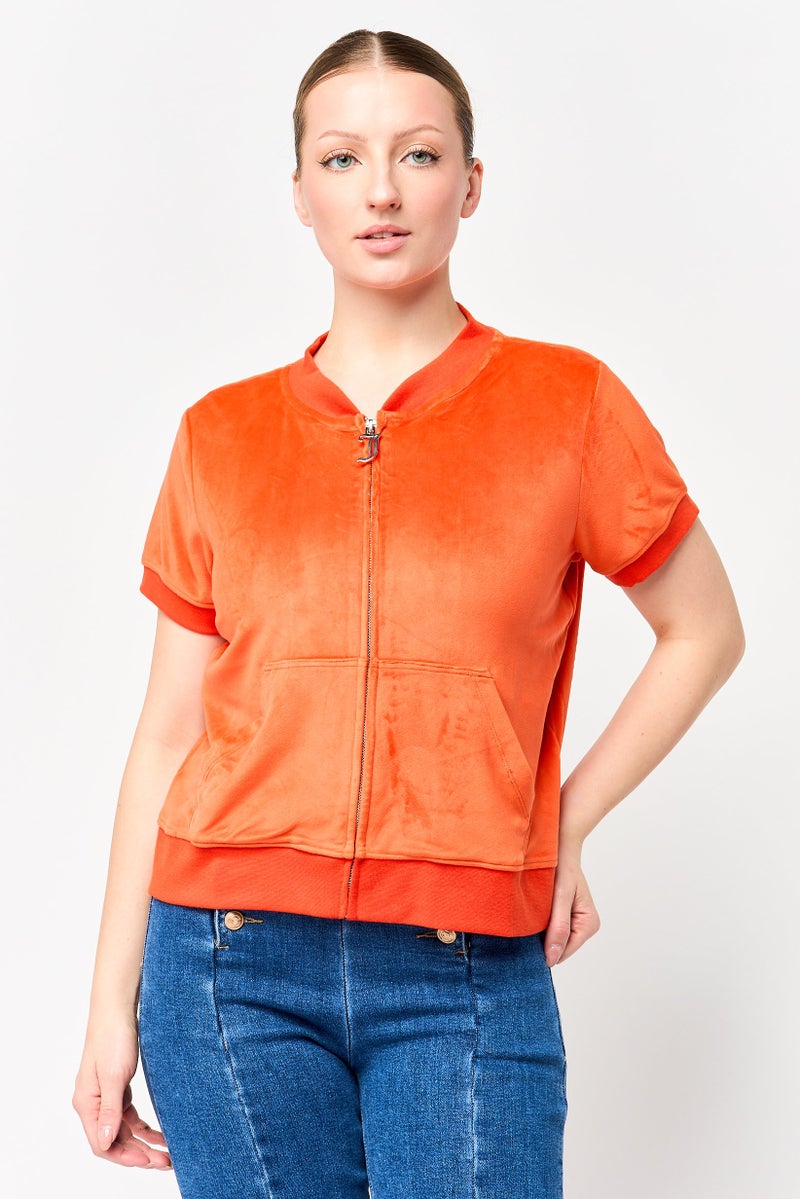 Juicy Couture سويت شيرت نسائي بياقة بيسبول بشعار العلامة التجارية، برتقالي - Image 1