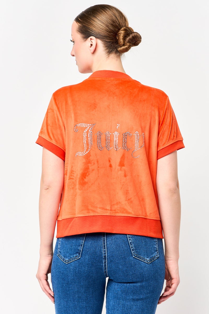 Juicy Couture سويت شيرت نسائي بياقة بيسبول بشعار العلامة التجارية، برتقالي - Image 3