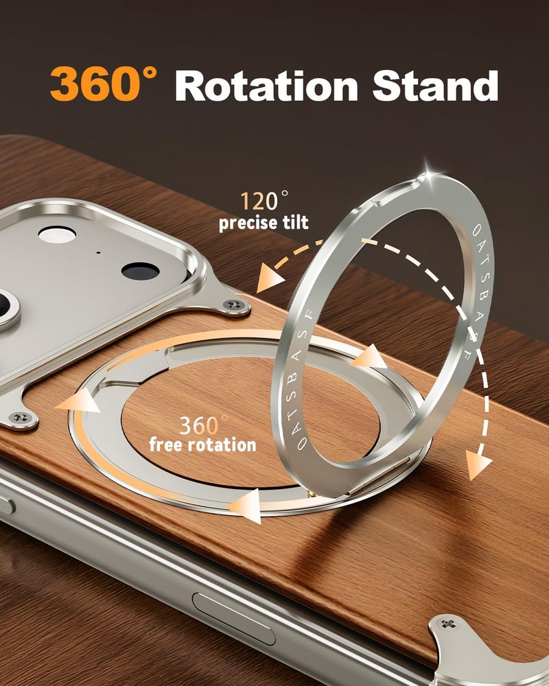 OATSBASF Frameless for iPhone 17 Pro Max Case, Sleek Minimalist Protective Shock Absorption Aerospace Grade Shells with 360Â° Rotating Kickstand, Wood Grain-Natural Titanium - Image 4