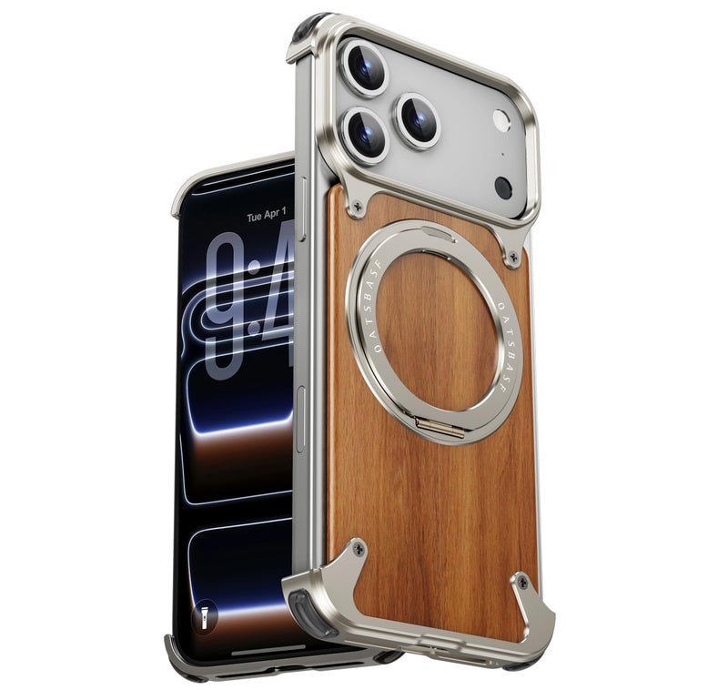 OATSBASF Frameless for iPhone 17 Pro Max Case, Sleek Minimalist Protective Shock Absorption Aerospace Grade Shells with 360Â° Rotating Kickstand, Wood Grain-Natural Titanium - Image 1