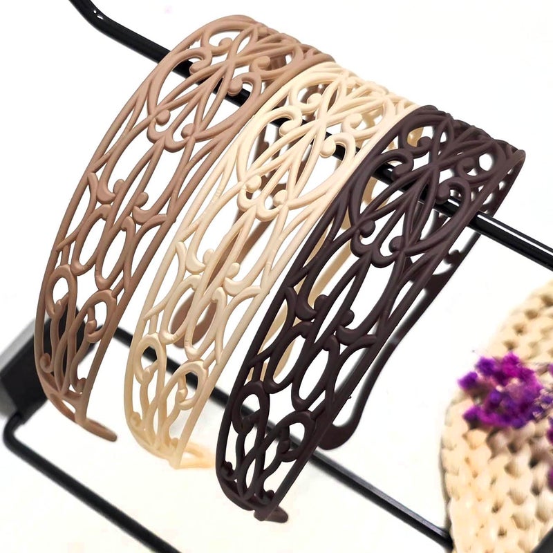 Springtime Wide Plastic Headband For Women Girls, Neutral Colors, Openwork Floral Pattern, 30mm Width, Fashion Hair Accessories Pack of 6 - Image 5