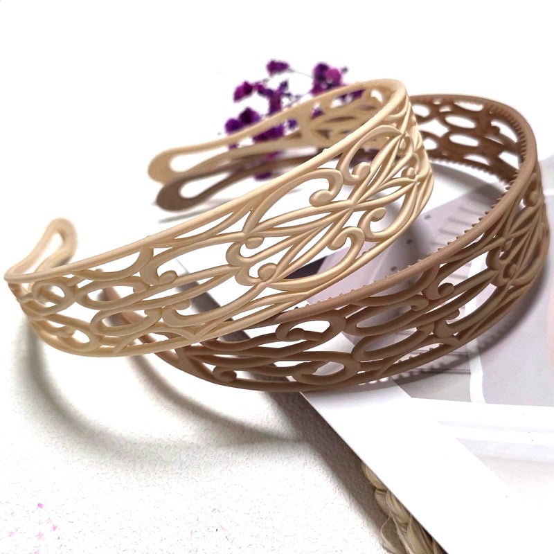 Springtime Wide Plastic Headband For Women Girls, Neutral Colors, Openwork Floral Pattern, 30mm Width, Fashion Hair Accessories Pack of 6 - Image 2