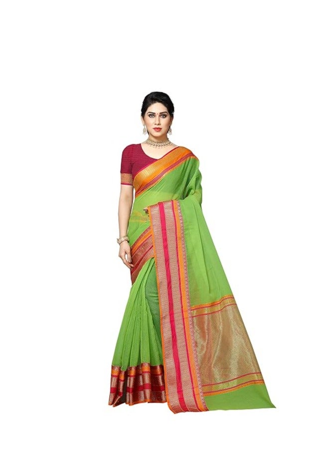 Accessorize Kingdom Women's Temple Border Cotton Saree With Unstiched Blouse Piece  - Image 1