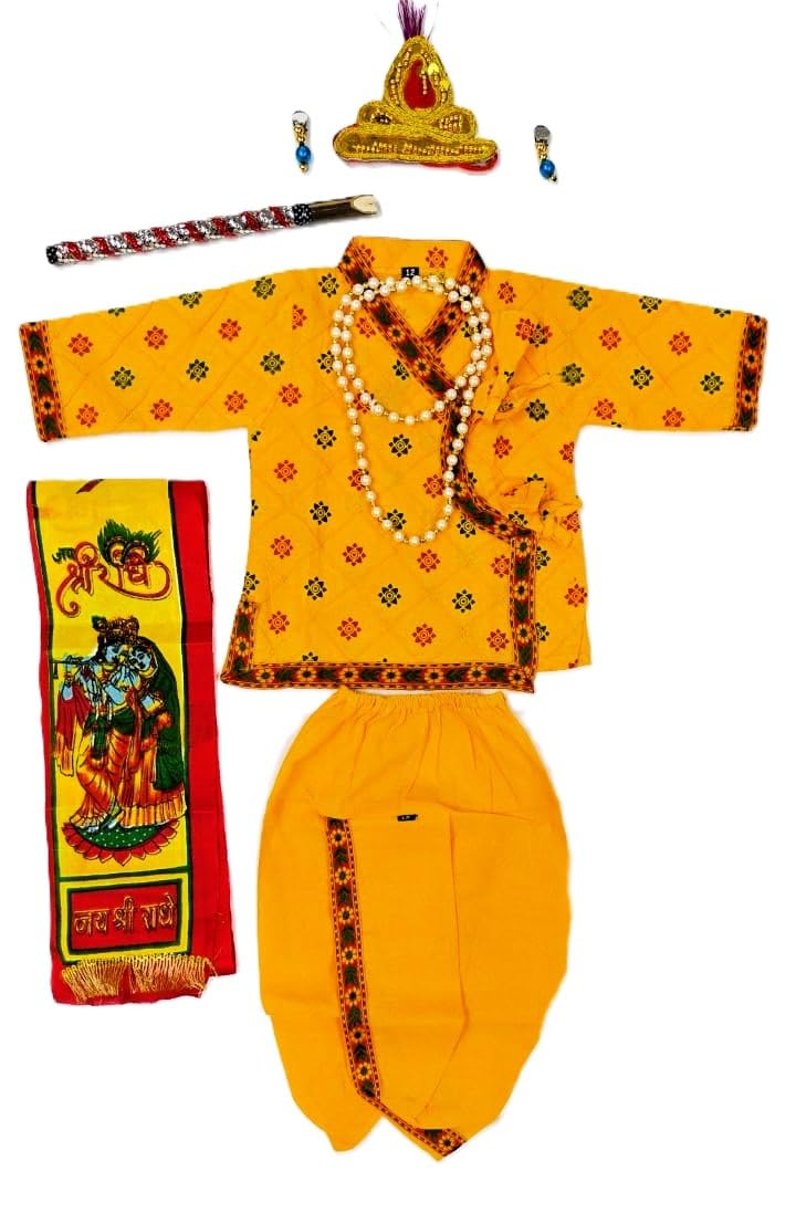 Niku Krishna fancy dress costume for Kids Baby Boy Girl | Janmashtami, Bal gopal Kanha Dhoti Kurta Set | Fit for 3-6 months age | Includes flute, kundal and other accessories - Image 1
