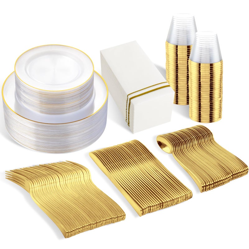 SUT 350Pcs Plastic Dinnerware Set for 50 Guests Clear and Gold Plastic Plates Disposable Plates and Napkins Party Supplies Gold Silverware Plates Cups and Napkins Sets for Party Weddings