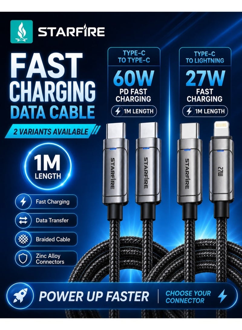 Starfire USB-C Fast Charge Data Cable, 1m, 60W Type-C Or 27W Lightning - Image 1