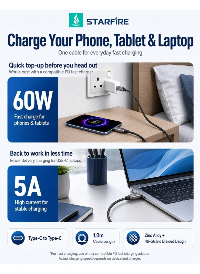 Starfire USB-C Fast Charge Data Cable, 1m, 60W Type-C Or 27W Lightning - Image 3