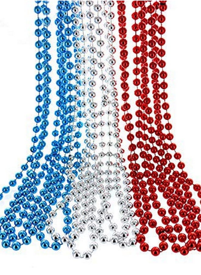 GiftExpress 33" 7Mm Metallic Red Silver Blue Beaded Necklaces Bulk Mardi Gras Party Beads Necklaces July 4Th Party Beaded Necklaces  - Image 1