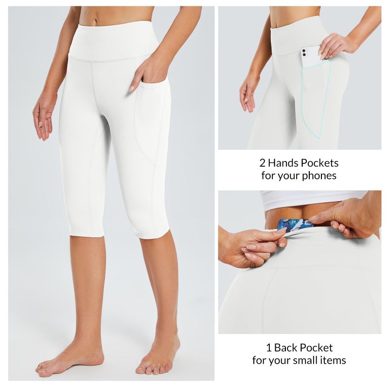 baleaf Capri Leggings for Women with Pockets Knee Length Capris Pants Tummy Control Yoga Workout Exercise Casual White L - Image 2