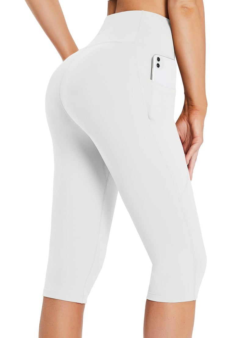 baleaf Capri Leggings for Women with Pockets Knee Length Capris Pants Tummy Control Yoga Workout Exercise Casual White L - Image 1