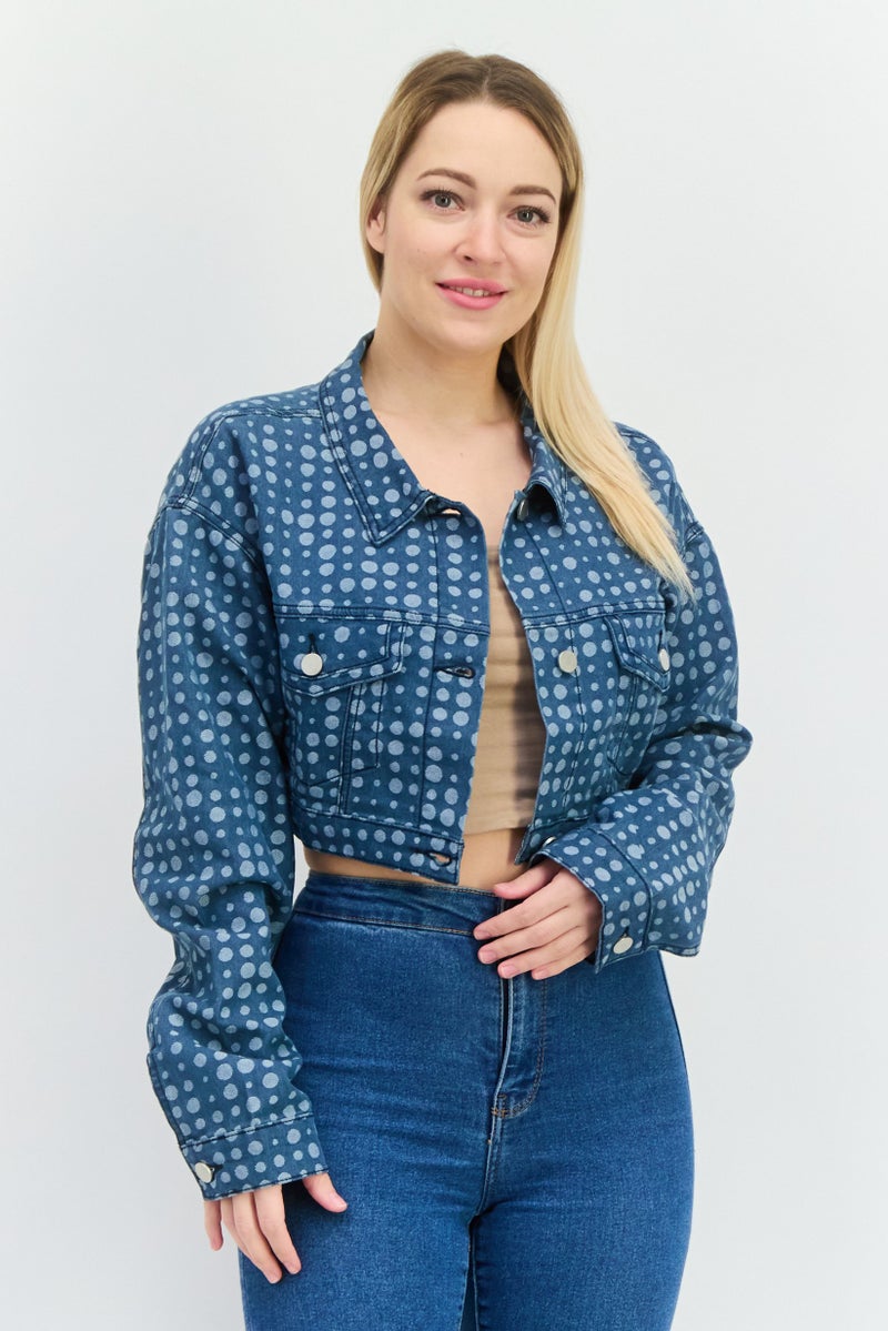 The Kript Women Polka Dot Denim Jacket, Navy - Image 1