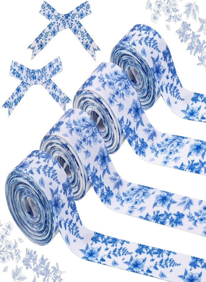 Cheerupp 4 Rolls Blue White Flower Chinoiserie Ribbons, 20 Yards Craft Ribbons for Wreath Hair Bow Wrapping Gift Packing, Watercolor Floral Grosgrain Ribbon Bday Wedding Gender Reveal Party Home Decor - Image 1