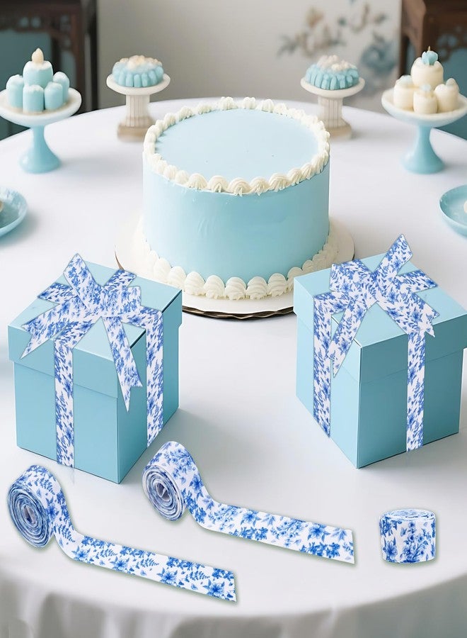 Cheerupp 4 Rolls Blue White Flower Chinoiserie Ribbons, 20 Yards Craft Ribbons for Wreath Hair Bow Wrapping Gift Packing, Watercolor Floral Grosgrain Ribbon Bday Wedding Gender Reveal Party Home Decor - Image 2