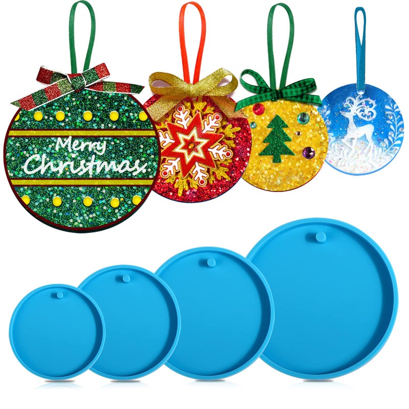 Juome Christmas Ornaments Resin Molds Silicone 4 Pcs Round Shape Pendant Christmas Molds for Epoxy Resin DIY Crafts Keychain Making Christmas Tree Decorations