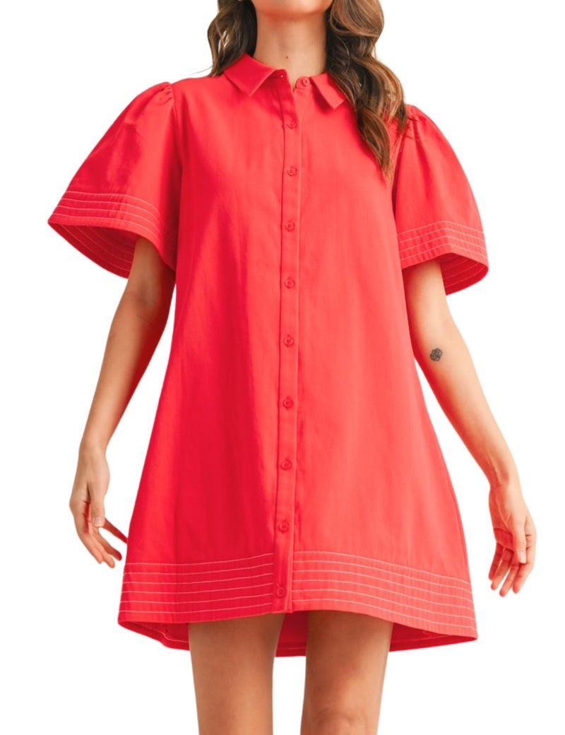 Meyhad Womens Short Sleeve Button Down Mini Shirt Dress Lapel Collar Short Dresses with Pocket(0942-CoralRed-M) - Image 1