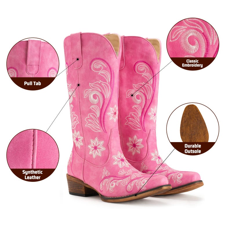 IUV Cowboy Boots For Women Mid Calf Cowgirl Boots Embroidered Pull-On Tabs Snip Toe Boot - Image 4