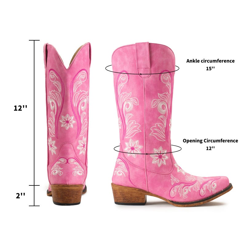IUV Cowboy Boots For Women Mid Calf Cowgirl Boots Embroidered Pull-On Tabs Snip Toe Boot - Image 3