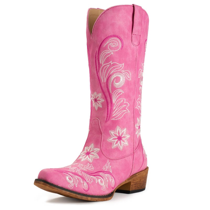 IUV Cowboy Boots For Women Mid Calf Cowgirl Boots Embroidered Pull-On Tabs Snip Toe Boot - Image 1