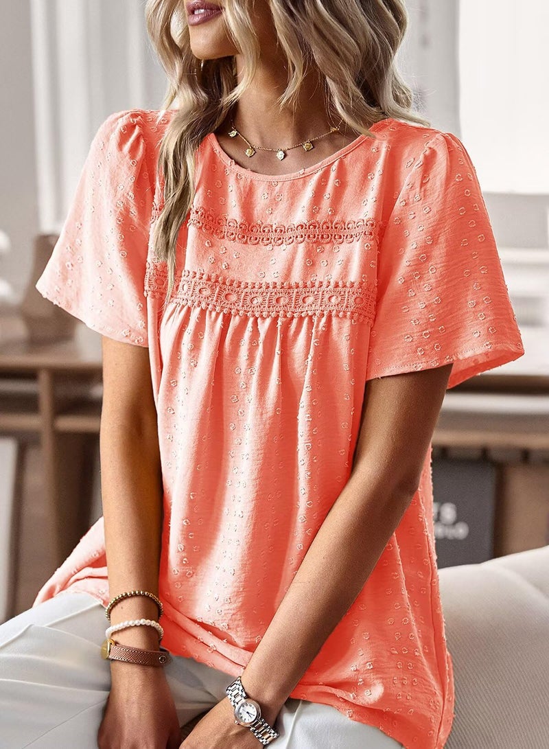 Falechay Cute Tops Womens Tunic Tops to Wear with Leggings Spring Shirts for Women Dressy Casual Lace Crochet Crew Neck Short Sleeve Cute Blouses Boho Clothing Plus Size XL Bright Orange - Image 2