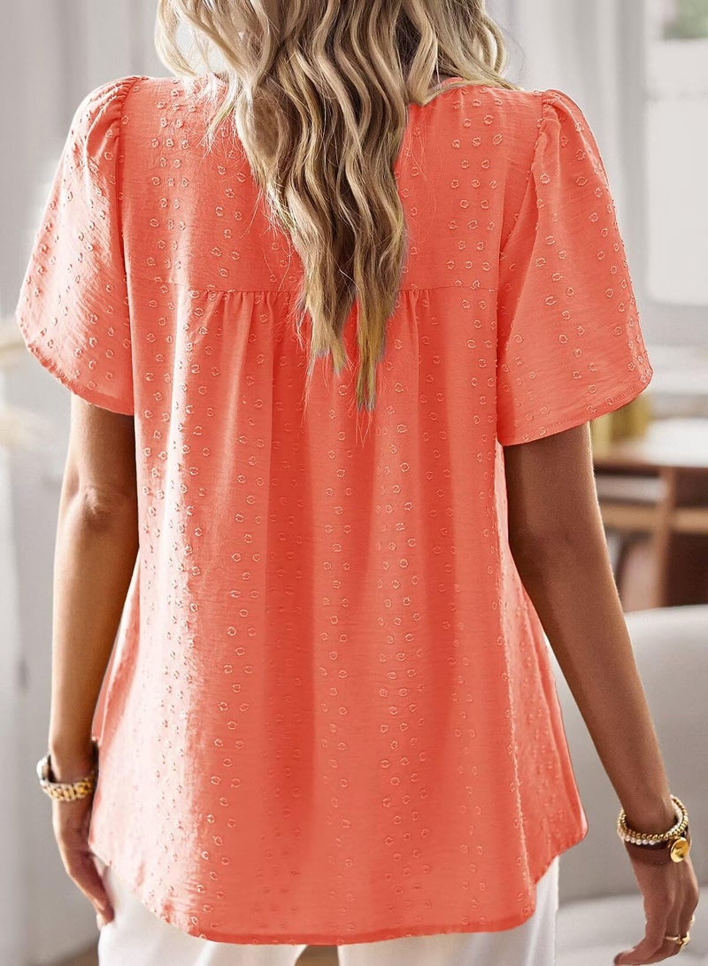 Falechay Cute Tops Womens Tunic Tops to Wear with Leggings Spring Shirts for Women Dressy Casual Lace Crochet Crew Neck Short Sleeve Cute Blouses Boho Clothing Plus Size XL Bright Orange - Image 3