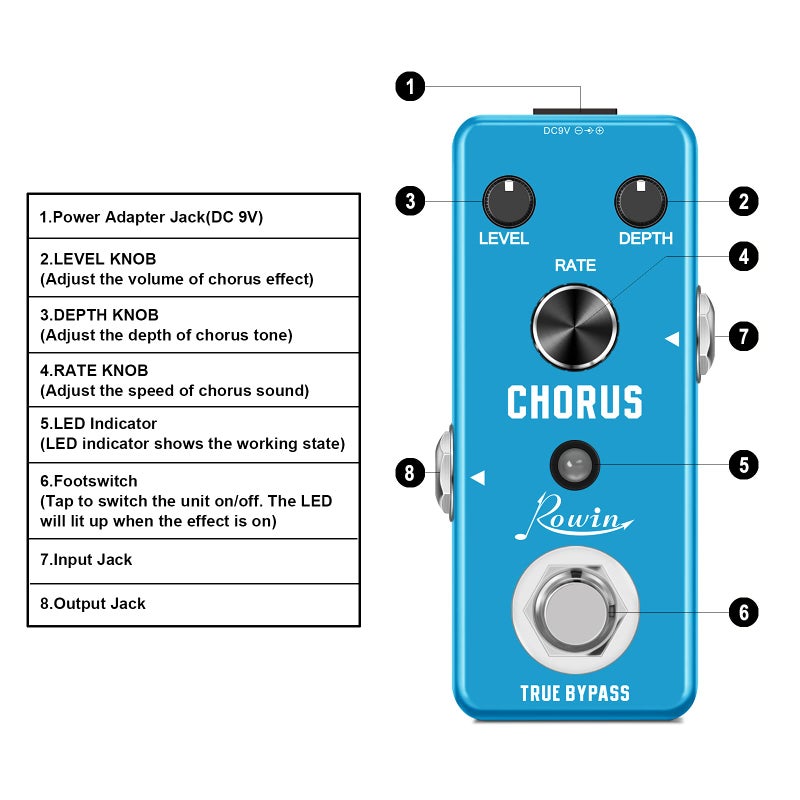 Rowin Analog Chorus Pedal for Electric Guitar Bass True Bypass LE-304 - Image 2