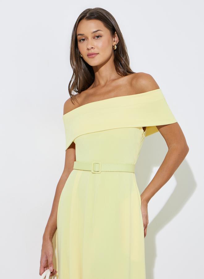 Styli Yellow Off Shoulder Belted A-Line Maxi Dress - Image 2