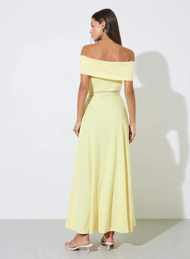 Styli  Yellow Off Shoulder Belted A-Line Maxi Dress for Women | Best Price UAE