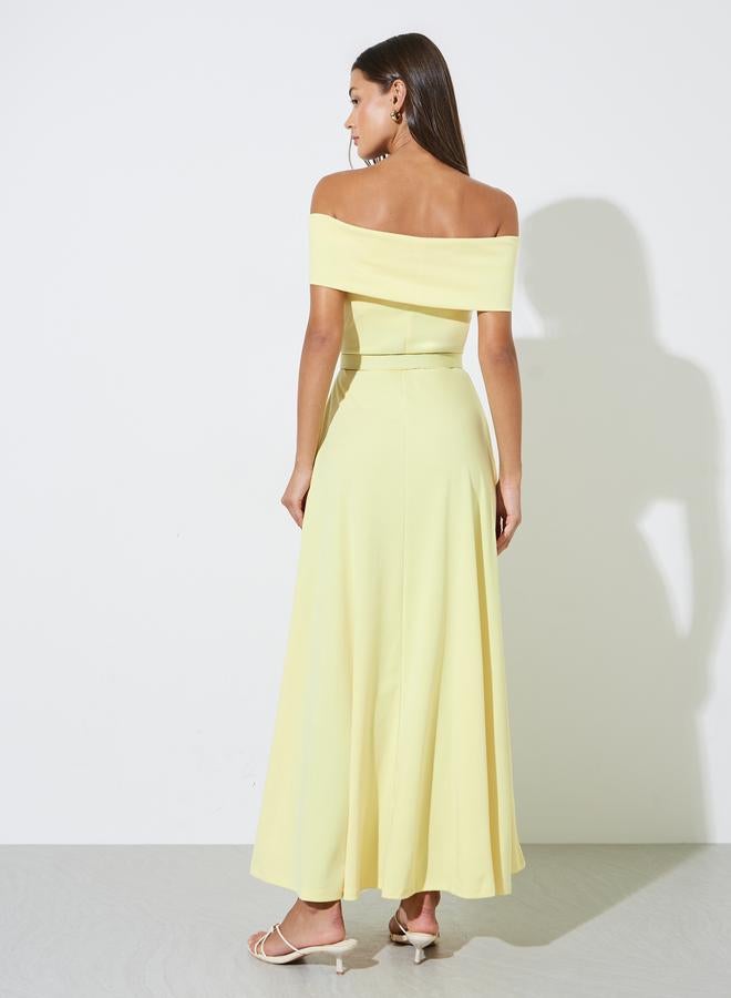 Styli Yellow Off Shoulder Belted A-Line Maxi Dress - Image 3
