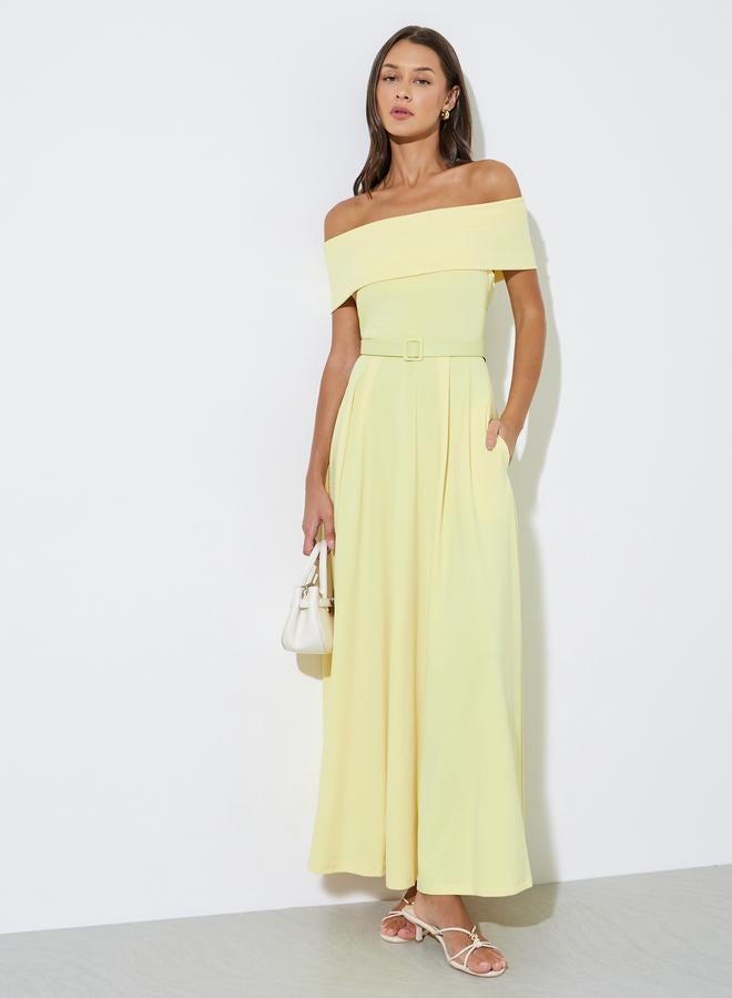 Styli Yellow Off Shoulder Belted A-Line Maxi Dress - Image 1