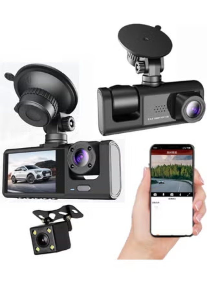 SHOPI 1080P 3-Lens Dash Cam with Night Vision – Front, Inside & Rear Car Camera, 32GB SD Card Included, Loop Recording, Motion Detection & Parking Guard - Image 1