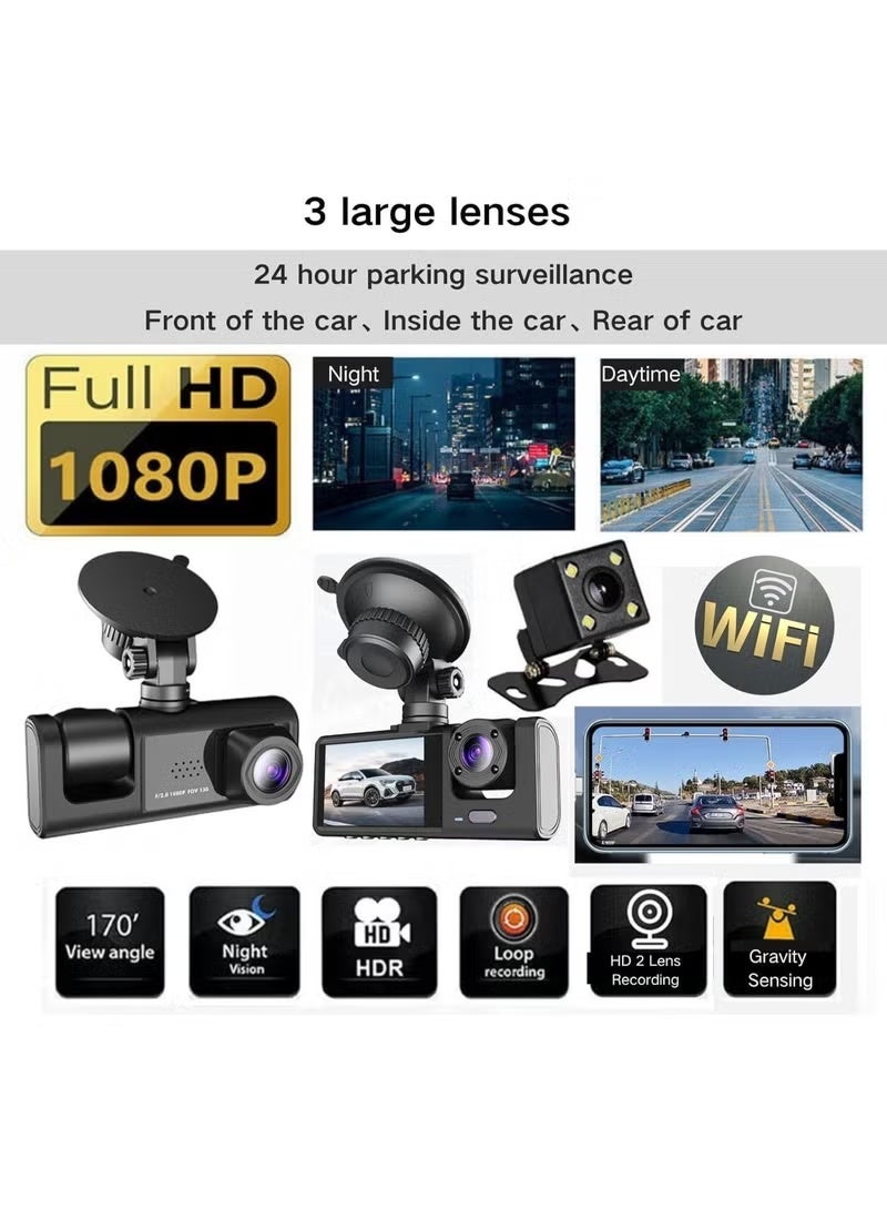 SHOPI 1080P 3-Lens Dash Cam with Night Vision – Front, Inside & Rear Car Camera, 32GB SD Card Included, Loop Recording, Motion Detection & Parking Guard - Image 5