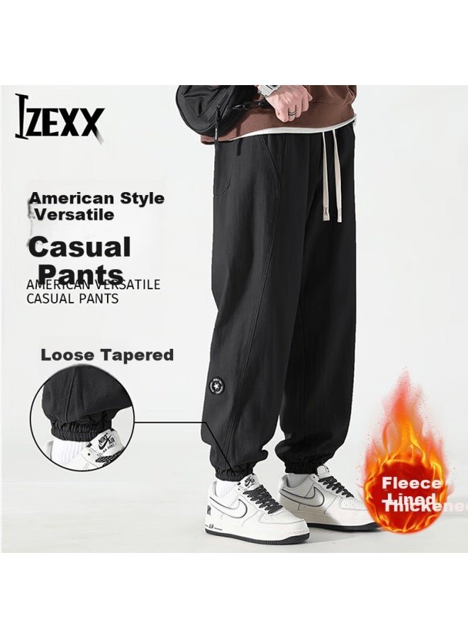 Izexx American Vintage Casual Men's Pants Autumn Winter Loose Straight Cargo Jogger Trousers Zxk21jr Black Fleece Lined 4XL - Image 1