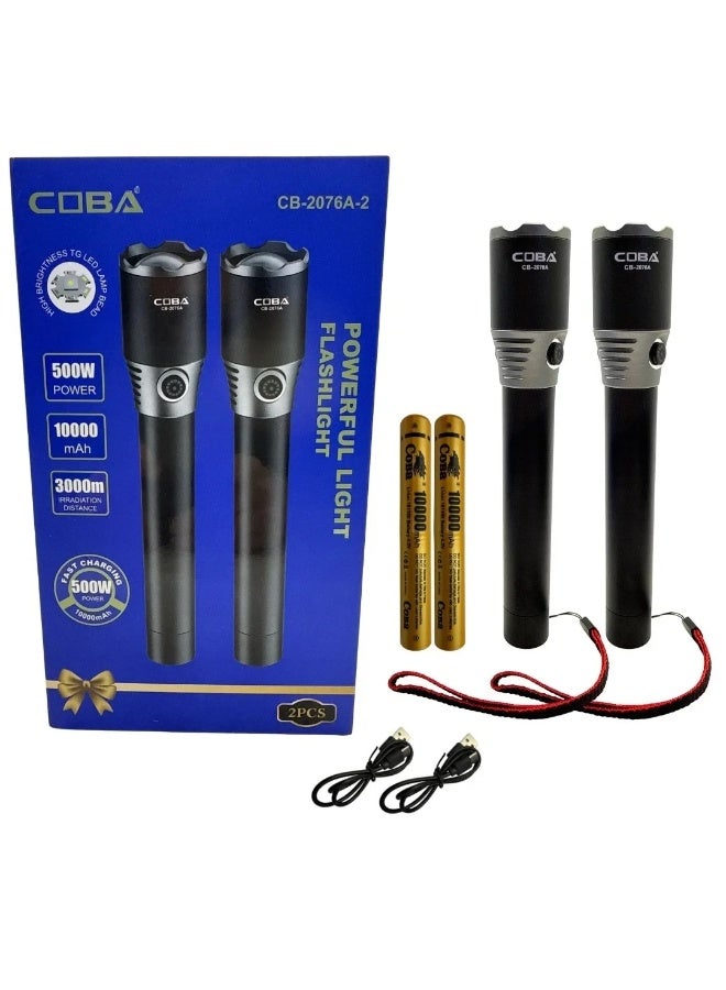 كوبا مصباح يدوي LED قابل لإعادة الشحن COBA CB-2076A - مصباح عالي الطاقة 500 واط ببطارية 10000 مللي أمبير، مدى 3000 متر، خاصية التكبير/التصغير وخطاف للتعليق - Image 4
