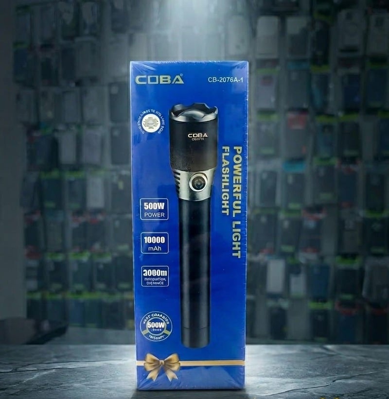 كوبا مصباح يدوي LED قابل لإعادة الشحن COBA CB-2076A - مصباح عالي الطاقة 500 واط ببطارية 10000 مللي أمبير، مدى 3000 متر، خاصية التكبير/التصغير وخطاف للتعليق - Image 2
