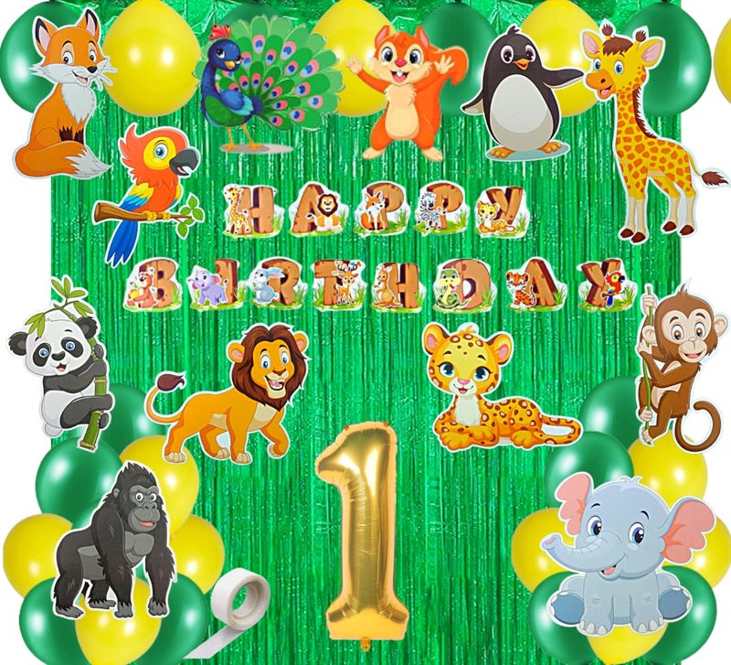 FI - FLICK IN 50 Pcs 1st Birthday Jungle Safari Theme Decoration for Boys - Animal Cutouts, Banner, Lion King - Animal Theme Party (Pack of 50, Multicolor) - Image 1