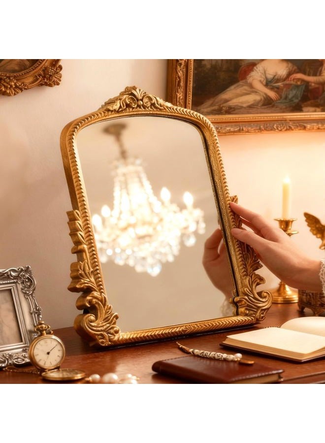 YUSONG Vintage Gold Mirror for Desk - 12" Vanity Mirrors with Resin Frame Decorative Wall Art for Tabletop Living Room Retro Decor - Image 1